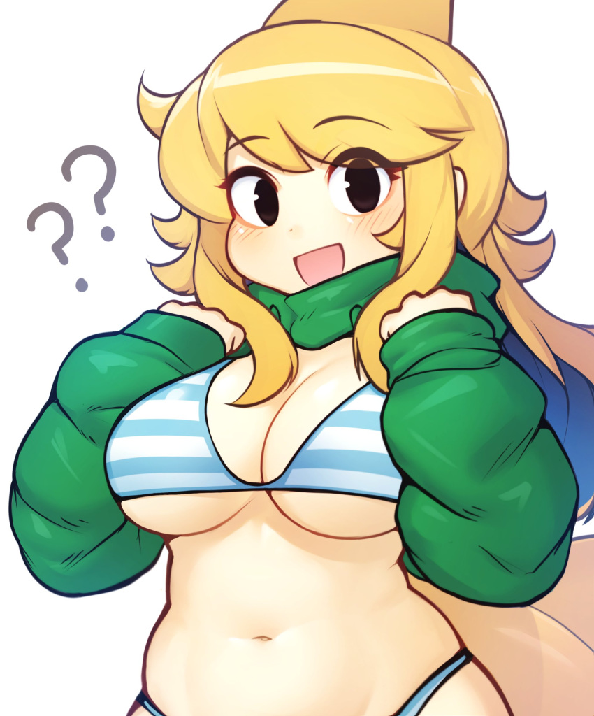 ? ?? absurdres apricot_(d-floe) black_eyes blonde_hair blue_bra blue_panties blush bra breasts cleavage d-floe female fins green_hoodie head_fins highres hood hoodie long_hair long_sleeves looking_at_viewer medium_breasts multicolored_bra multicolored_clothes navel open_mouth original panties shark_girl smile solo striped_bra striped_clothes undersized_clothes underwear upper_body white_bra