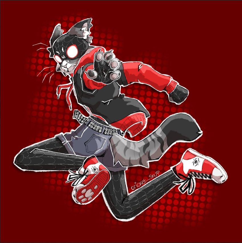 action_pose anthro belt bodysuit bottomwear clothing cricket_soup cutoffs denim denim_bottomwear denim_clothing domestic_cat felid feline felis footwear fur furgonomics grey_body grey_fur hi_res hoodie jacket jumping male mammal marvel mask meows_morales open_mouth pawpads paws pose shoes shorts skinsuit solo spider-ham spider-man:_spider-verse spider-man_(series) striped_body striped_fur stripes tight_clothing topwear whiskers