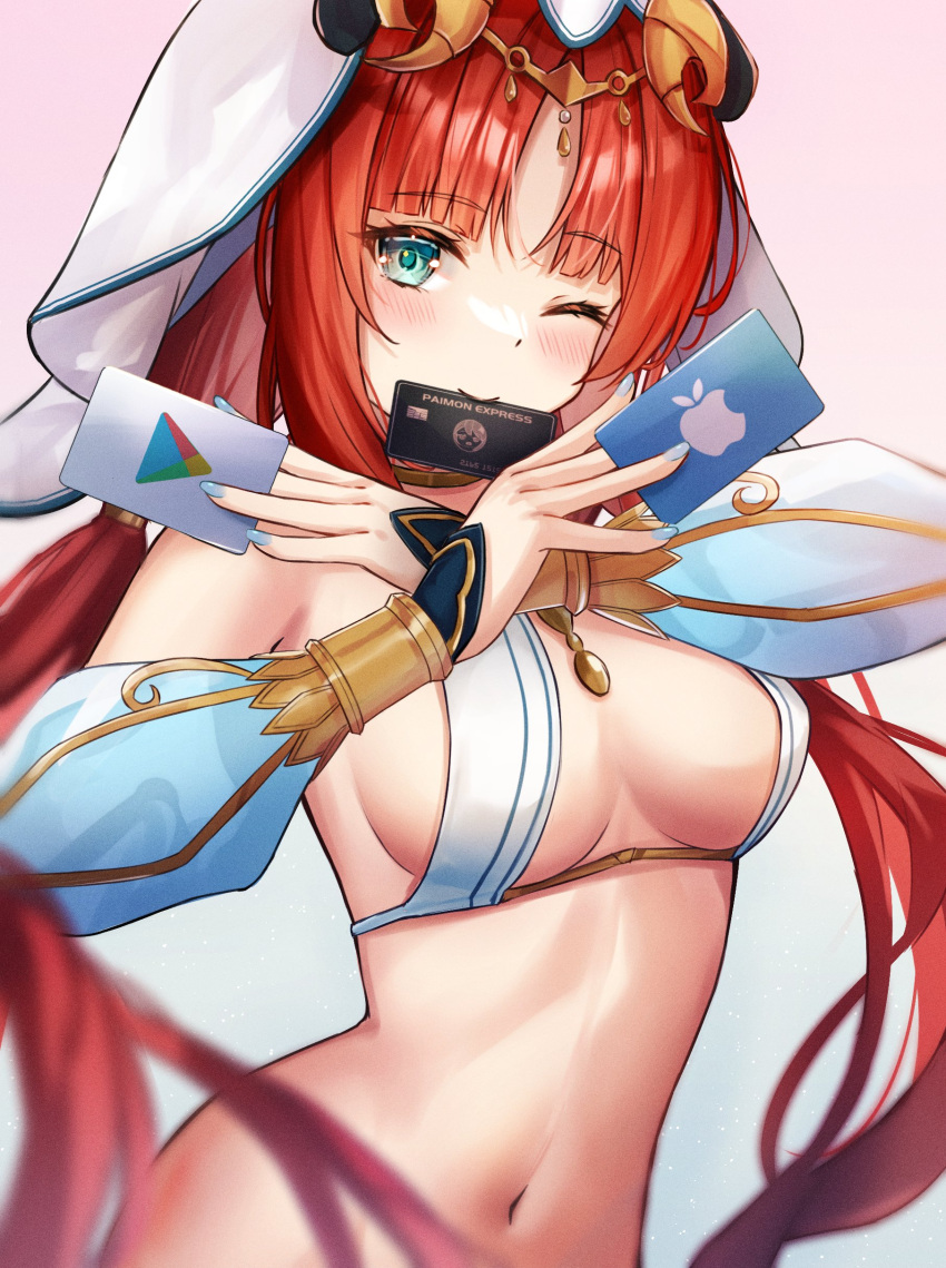 ;) absurdres aqua_eyes atychi bracer breasts credit_card fake_horns female genshin_impact gift_card google_play highres horns long_hair long_sleeves looking_at_viewer medium_breasts navel nilou_(genshin_impact) one_eye_closed out-of-frame_censoring puffy_long_sleeves puffy_sleeves red_hair smile solo stomach twintails veil