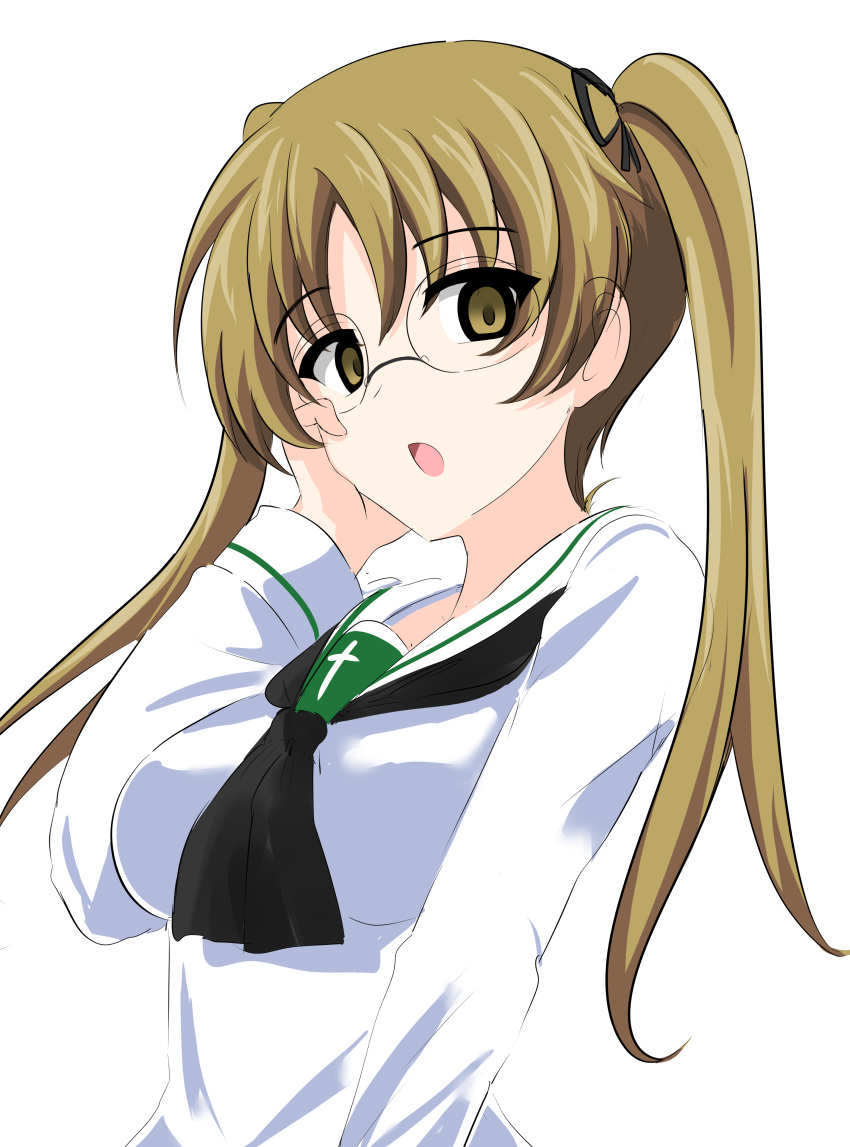 absurdres aikir_(jml5160) black_ribbon blouse brown_eyes brown_hair commentary empty_eyes female girls_und_panzer glasses hair_ribbon hand_on_own_face highres long_hair long_sleeves looking_at_viewer neckerchief ooarai_school_uniform oono_aya open_mouth ribbon rimless_eyewear round_eyewear sailor_collar school_uniform shirt simple_background solo twintails white_background white_sailor_collar white_shirt