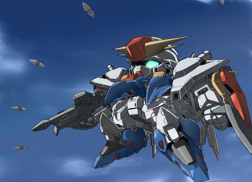 7no2gou airborne beam_rifle chibi cloud cloudy_sky commentary energy_gun funnels_(gundam) green_eyes gundam gundam_hathaway's_flash mecha missile mobile_suit no_humans robot science_fiction sd_gundam shield sky solo v-fin weapon xi_gundam