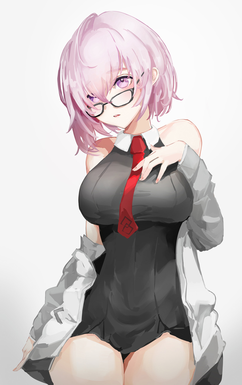 black_dress breasts dress fate/grand_order fate_(series) female glasses grey_jacket hair_between_eyes hand_on_breast hand_on_lap highres jacket lielac looking_at_viewer mash_kyrielight medium_breasts necktie off_shoulder open_mouth photoshop_(medium) pink_eyes pink_hair seiza short_dress short_hair sitting solo white_background