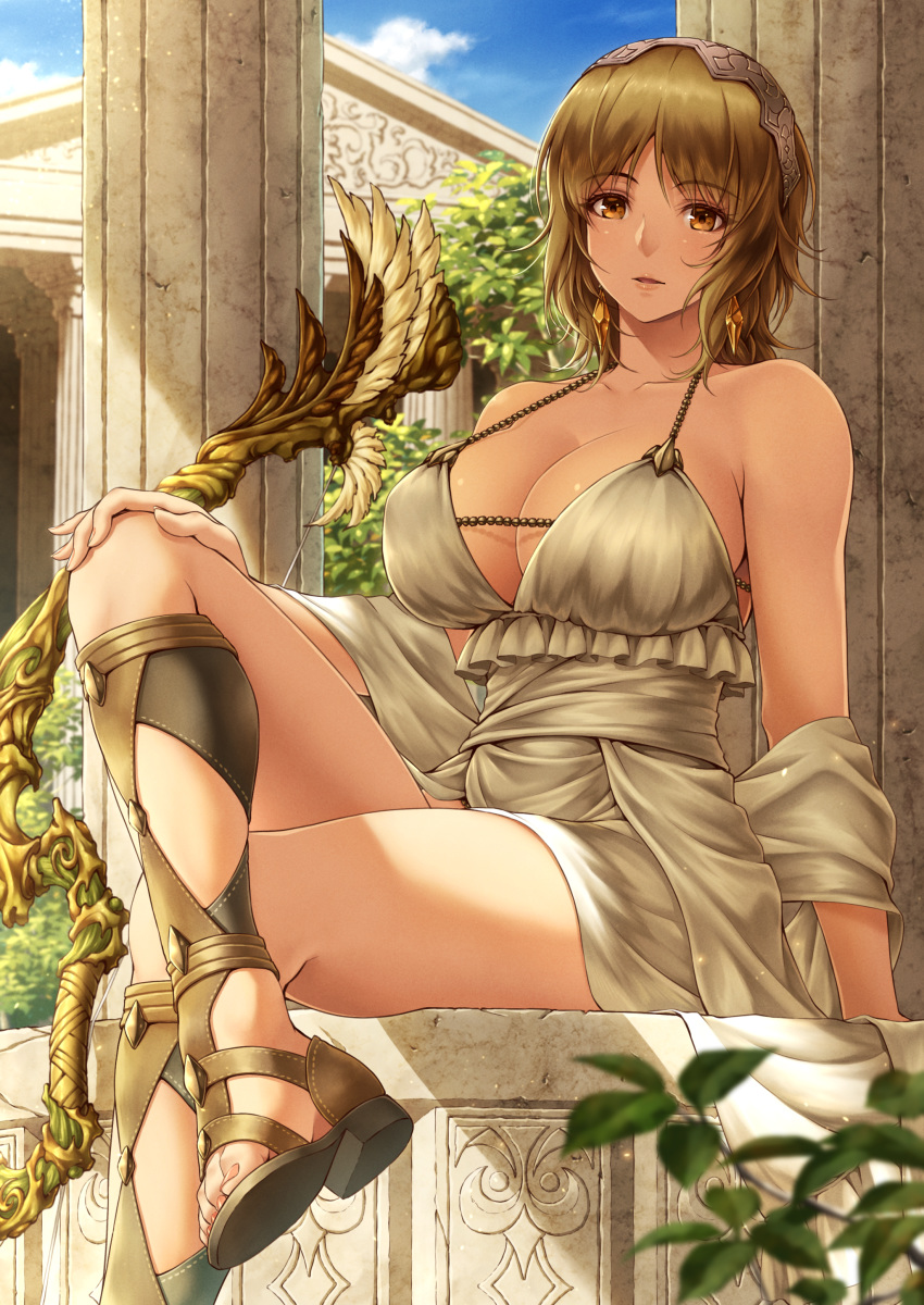 absurdres artemis_(mythology) bare_shoulders blue_sky bow_(weapon) breasts brown_eyes brown_hair cleavage cloud column commentary_request crossed_legs dress earrings fanbox_reward female garden gladiator_sandals greek_mythology headpiece highres jewelry large_breasts lioreo original paid_reward pillar pink_lips sandals short_hair sky temple weapon