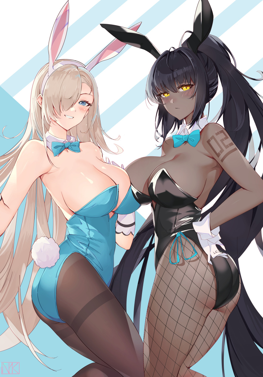 2girls absurdres animal_ears aqua_bow aqua_bowtie aqua_eyes aqua_leotard asuna_(blue_archive) asuna_(bunny)_(blue_archive) bare_shoulders black_hair black_leotard blue_archive blush bow bowtie breast_press breasts chinese_commentary closed_mouth commentary_request covered_navel cowboy_shot dark-skinned_female dark_skin detached_collar fake_animal_ears fishnet_pantyhose fishnets gloves hair_between_eyes hair_over_one_eye hand_on_own_chest hand_on_own_hip high_ponytail highleg highleg_leotard highres karin_(blue_archive) karin_(bunny)_(blue_archive) large_breasts leotard long_hair looking_back multiple_girls nayuko_(wuyou_nayuko) no_bra number_tattoo official_alternate_costume open_mouth pantyhose parted_bangs platinum_blonde_hair playboy_bunny rabbit_ears rabbit_tail sideboob sidelocks simple_background strapless strapless_leotard symmetrical_docking tail tattoo teeth thighband_pantyhose traditional_bowtie two-tone_background very_long_hair white_gloves wrist_cuffs yellow_eyes