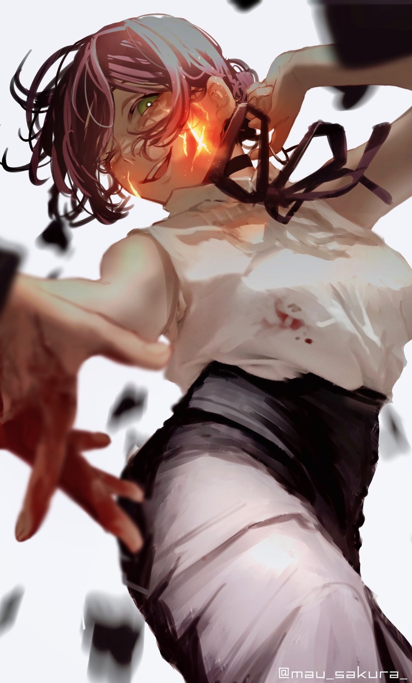 artist_name bare_arms bare_shoulders black_choker black_hair black_pants black_ribbon blood blood_on_clothes blood_on_hands breasts chainsaw_man choker female green_eyes hair_bun highres looking_at_viewer looking_down mau_sakura medium_breasts medium_hair neck_ribbon one_eye_closed open_mouth pants reze_(chainsaw_man) ribbon shirt short_hair simple_background single_hair_bun smile solo twitter_username upper_body white_background white_shirt