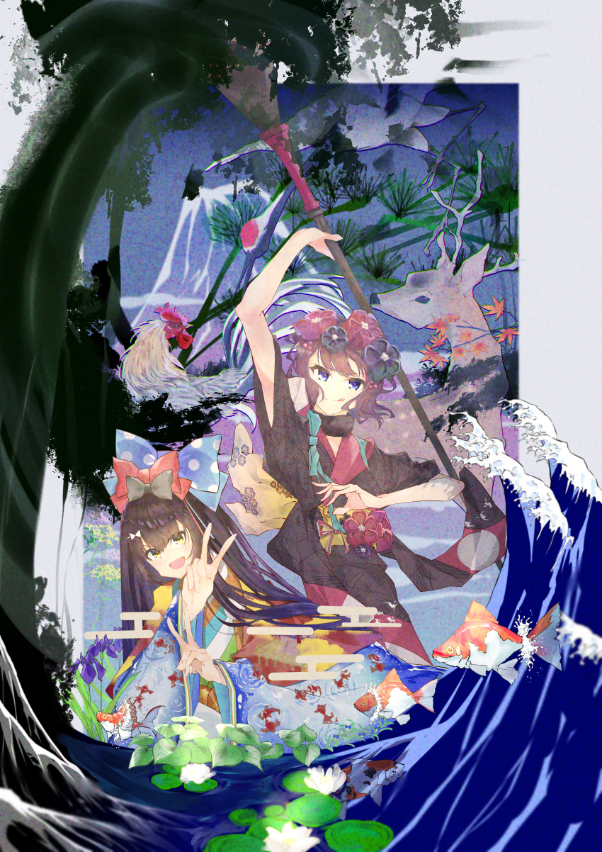 2girls absurdres bad_id bad_pixiv_id bird bow calligraphy_brush chicken crane_(animal) deer double_v egasumi fate/grand_order fate_(series) fish flower hairbow highres ink iris_(flower) japanese_clothes katsushika_hokusai_(fate) kimono layered_clothes layered_kimono lily_pad male_chicken mokoso multiple_girls multiple_hair_bows paintbrush purple_flower sei_shounagon_(fate) sei_shounagon_(third_ascension)_(fate) tongue tongue_out v water_lily_flower waves white_flower