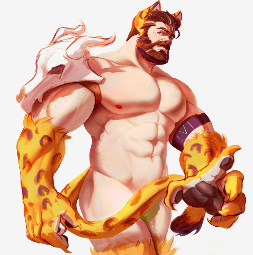 1boy abs absurdres alternate_costume animal_ears animal_feet animal_hands animal_skull arm_belt armor bara beard biceps body_fur brimstone_(valorant) brown_hair convenient_censoring facial_hair feet_out_of_frame hair_slicked_back highres jaguar_boy jaguar_ears jaguar_tail kemonomimi_mode large_hands large_pectorals looking_at_viewer male_focus mature_male monster_boy monsterification moustache muscular muscular_male navel nipples open_hands pauldrons pectorals plookys short_hair shoulder_armor single_pauldron solo standing stomach tail tail_censor thick_eyebrows thick_thighs thighs two-tone_beard valorant veins veiny_arms walking yellow_fur