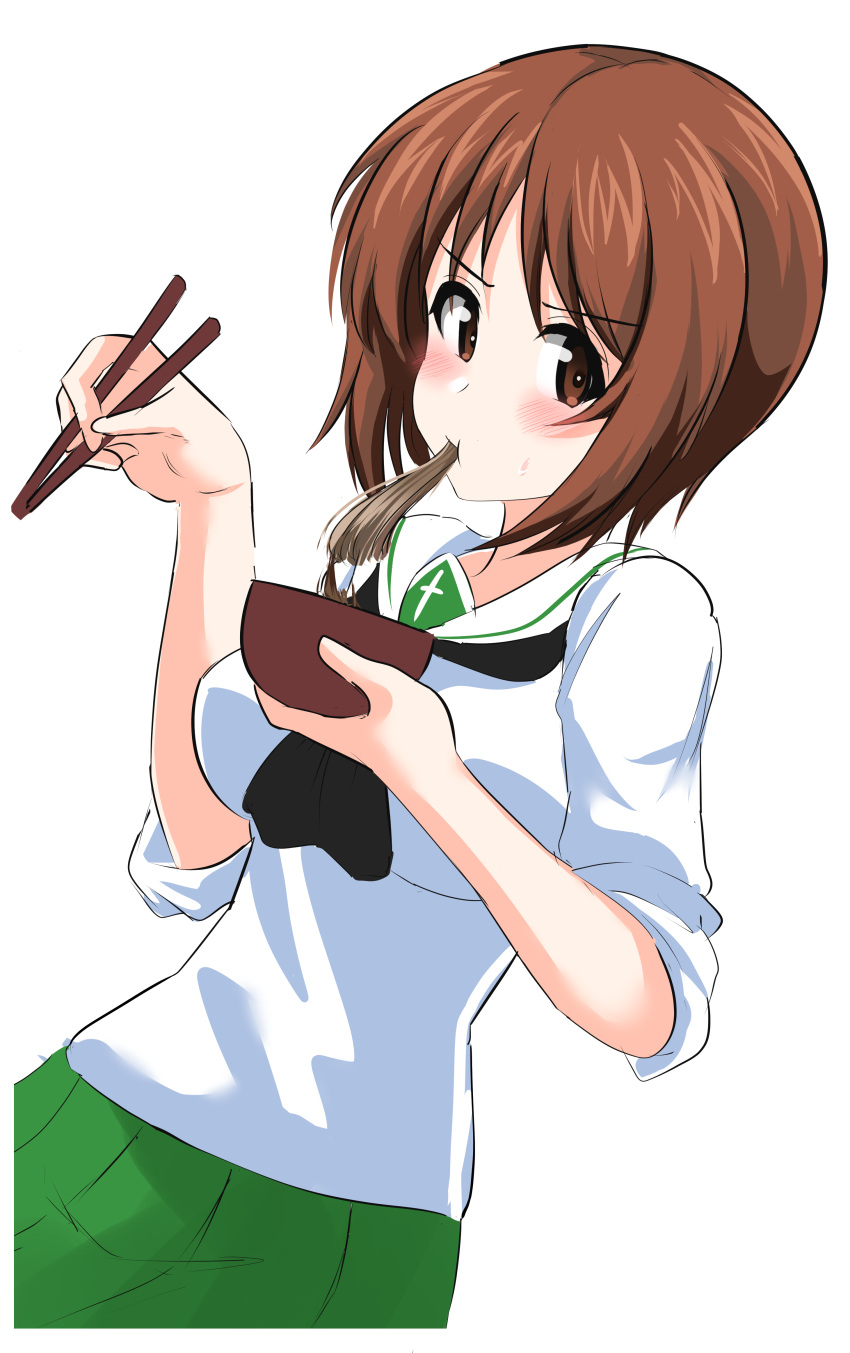 absurdres aikir_(jml5160) blouse blush bowl brown_eyes brown_hair chopsticks commentary dutch_angle eating female food girls_und_panzer green_skirt highres holding holding_bowl holding_chopsticks long_sleeves looking_at_viewer neckerchief nishizumi_miho noodles ooarai_school_uniform pleated_skirt ramen sailor_collar school_uniform serafuku shirt short_hair simple_background skirt sleeves_rolled_up solo standing sweatdrop white_background white_sailor_collar white_shirt