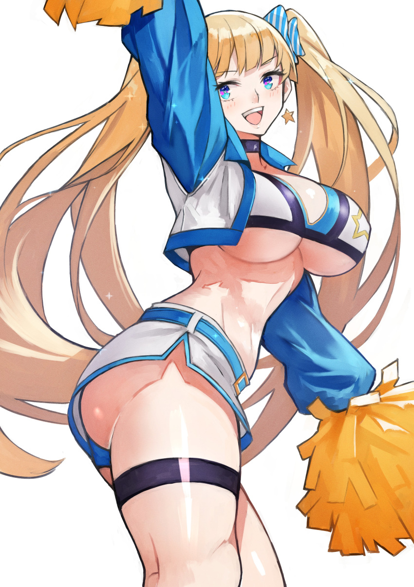 absurdres ass belt bikini bikini_top_only blonde_hair blue_eyes blush borrowed_character bow breasts choker cleavage commentary_request cropped_jacket female highres jacket large_breasts lina_(michihasu) long_hair long_sleeves miniskirt open_clothes open_jacket open_mouth original pom_pom_(cheerleading) simple_background skirt smile solo sparkle striped striped_bow swimsuit thigh_strap thighs twintails vertical-striped_bow vertical_stripes very_long_hair white_background white_bikini white_skirt yoshio_(55level)