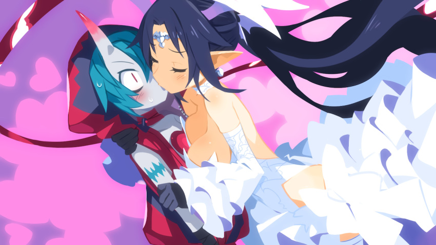 1boy black_hair blue_hair blush breasts choker cleavage closed_eyes constricted_pupils disgaea earrings female harada_takehito hood hood_up horns hug jewelry kissing large_breasts leotard long_hair long_pointy_ears makai_senki_disgaea_6 melodia_(disgaea) non-web_source novel_illustration official_art pointy_ears single_horn spoilers straight tiara very_long_hair zed_(disgaea) zombie