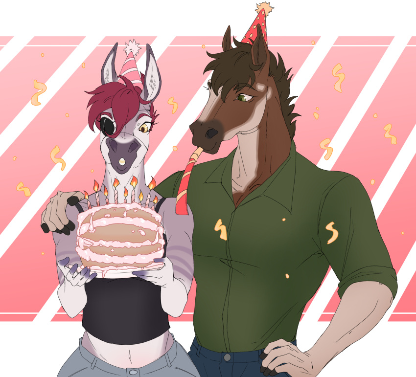 absurd_res anthro birthday broderick_longshanks cake candle clothed clothing dessert digital_media_(artwork) duo equid equine eye_patch eyewear female food fur hair hi_res horse male male/female mammal marleybraun midriff mira-donk_(miraoff) simple_background smile