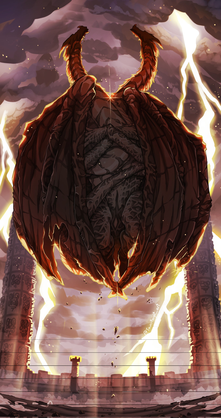 absurdres ancient_dragon_(elden_ring) arena cloud cloudy_sky debris dragon dragonlord_placidusax elden_ring floating highres lightning multiple_heads no_humans outdoors pillar sky spoilers towerknight_art twitter_username western_dragon