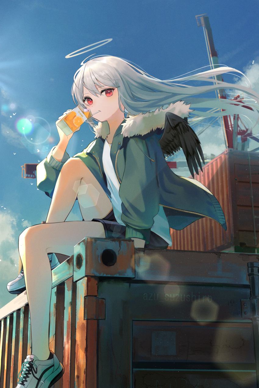 azuazu_0405 bare_legs black_shorts black_wings blue_jacket blue_sky cloud commentary container crane_(machine) day drinking feathered_wings female floating_hair fur-trimmed_jacket fur_trim halo highres holding jacket juice_box knee_up lens_flare long_hair long_sleeves open_clothes open_jacket original outdoors red_eyes shipping_container shirt shoes shorts sitting sky sneakers solo white_footwear white_hair white_shirt wind wings wings_through_clothes