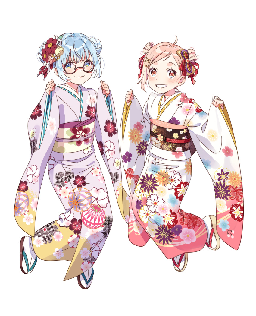 2girls absurdres alternate_costume alternate_hairstyle bespectacled blue_hair blush commentary_request double_bun flower glasses hair_bun hair_flower hair_ornament hair_ribbon hanayori_jyoshiryou hechima_(issindotai) highres japanese_clothes kano_(hanayori_jyoshiryou) kimono long_sleeves looking_at_viewer multiple_girls nonomiya_nonono pink_hair ribbon simple_background smile virtual_youtuber white_background