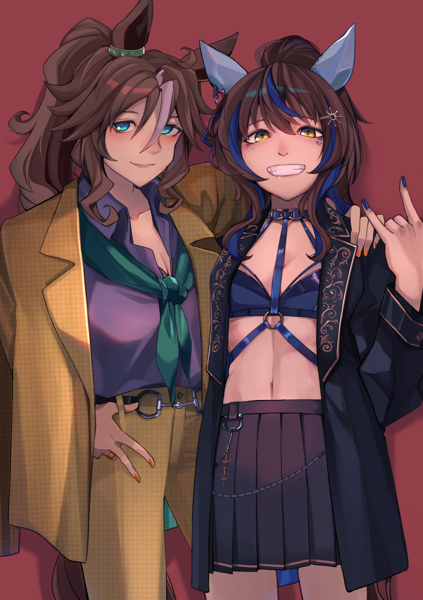 2girls \n/ absurdres alternate_costume animal_ears aqua_eyes blue_hair brown_hair coat collarbone commentary daitaku_helios_(umamusume) ear_covers ear_ornament english_commentary fuyukayui gold_trim green_neckerchief high_ponytail highres horse_ears horse_girl horse_tail jacket jacket_on_shoulders mejiro_palmer_(umamusume) midriff multicolored_hair multiple_girls neckerchief o-ring o-ring_top pants pleated_skirt purple_shirt shirt skirt streaked_hair tail two-tone_hair umamusume white_hair yellow_eyes yellow_pants