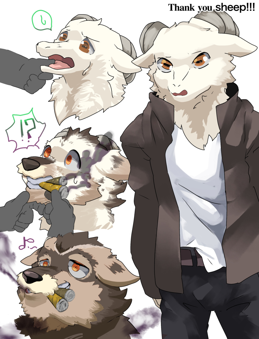 anothereidos_of_dragon_vein_r anthro bovid canid canine canis caprine cigar clothed clothing domestic_dog gordov hi_res horizontal_pupils horn male mammal mid_transformation nexusthelife pupils sheep smoking species_transformation transformation