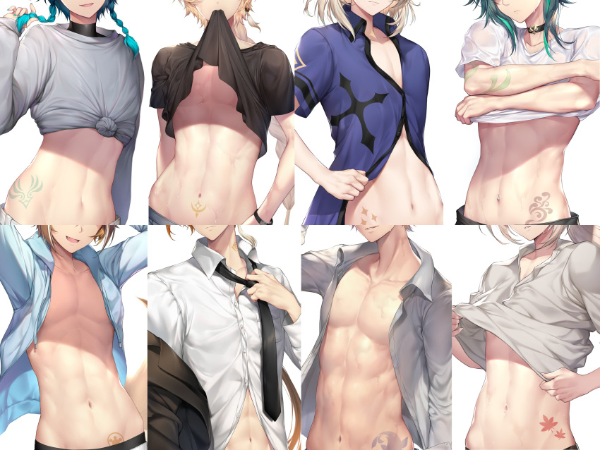 6+boys abs absurdres aether_(genshin_impact) albedo_(genshin_impact) black_necktie blonde_hair blue_shirt brown_hair brown_shirt buttons close-up closed_mouth clothes_lift collarbone collared_shirt commentary cropped dog_boy dog_tail dress_shirt genshin_impact gorou_(genshin_impact) grey_shirt highres kaedehara_kazuha long_sleeves male_focus midriff midriff_peek mouth_hold multiple_boys nasaniliu navel navel_piercing necktie oerba_yun_fang open_clothes open_mouth open_shirt otoko_no_ko piercing print_shirt shirt shirt_lift short_sleeves smile tail tartaglia_(genshin_impact) tattoo toned toned_male twintails venti_(genshin_impact) wet wet_clothes wet_shirt white_shirt xiao_(genshin_impact) zhongli_(genshin_impact)