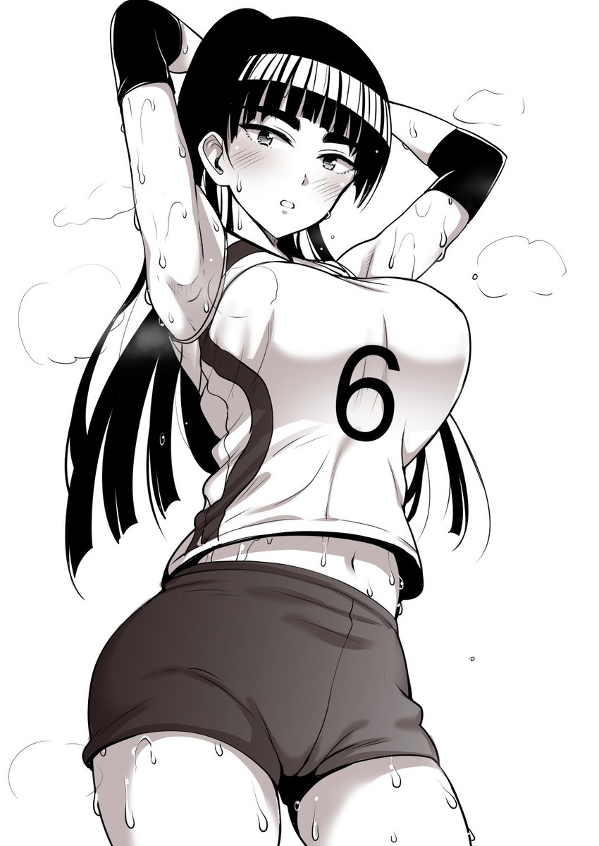 armpits arms_behind_head arms_up blunt_bangs blush breasts commentary_request cowboy_shot ebino_mei elbow_pads female greyscale hatsukoi_zombie high_ponytail highres large_breasts long_hair looking_at_viewer midriff_peek monochrome monpuchi navel parted_lips shirt short_shorts shorts sleeveless sleeveless_shirt solo sportswear steaming_body sweat sweatdrop thick_eyebrows volleyball_uniform white_background