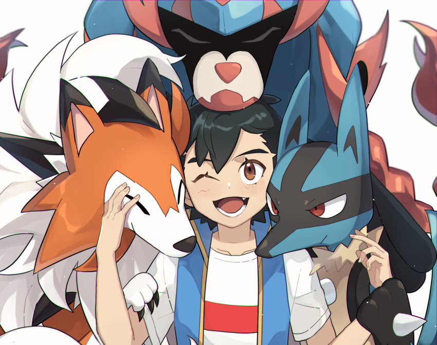 1boy ;d black_hair blue_jacket brown_eyes collarbone commentary_request eyelashes hands_up highres jacket looking_up lucario lycanroc lycanroc_(dusk) male_focus one_eye_closed open_mouth ou_negi pokemon pokemon_(anime) pokemon_(creature) pokemon_journeys satoshi_(pokemon) shirt short_hair short_sleeves sleeveless sleeveless_jacket smile t-shirt teeth tongue upper_body white_shirt zacian zacian_(hero)