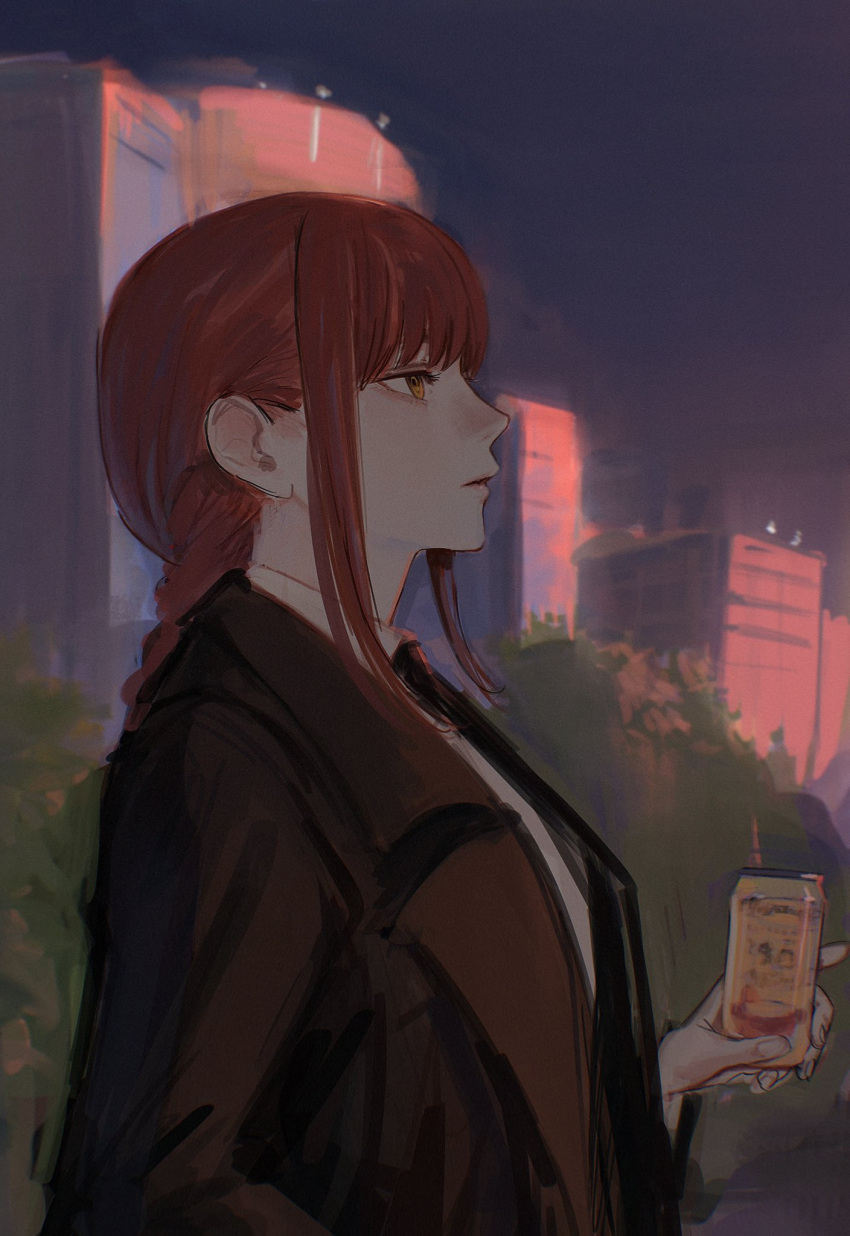 beer_can black_jacket braid building bush can chainsaw_man city collared_shirt drink_can female formal from_side highres holding holding_can jacket kamo_(kamonegioisi) long_hair looking_afar makima_(chainsaw_man) open_clothes open_jacket outdoors parted_lips red_hair shirt sidelocks single_braid sky solo suit upper_body white_shirt yellow_eyes