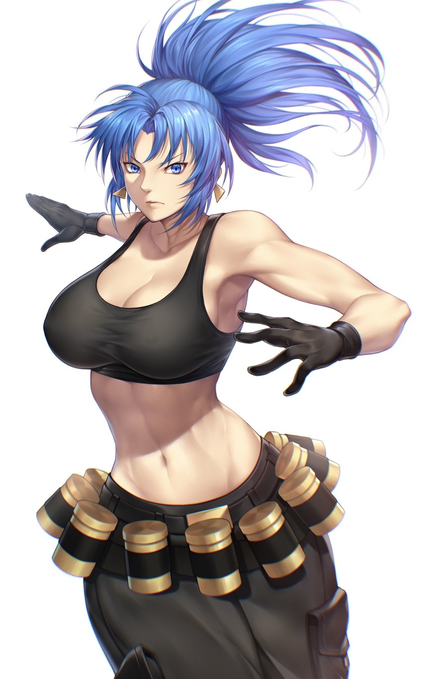 abs bad_id bad_twitter_id bare_shoulders belt biceps black_background black_gloves black_pants black_tank_top blue_eyes blue_hair breasts cleavage commentary earrings female gas_can gloves high_ponytail highres jewelry large_breasts leona_heidern midriff military muscular muscular_female nasaniliu navel pants ponytail solo tank_top the_king_of_fighters the_king_of_fighters_xiii triangle_earrings