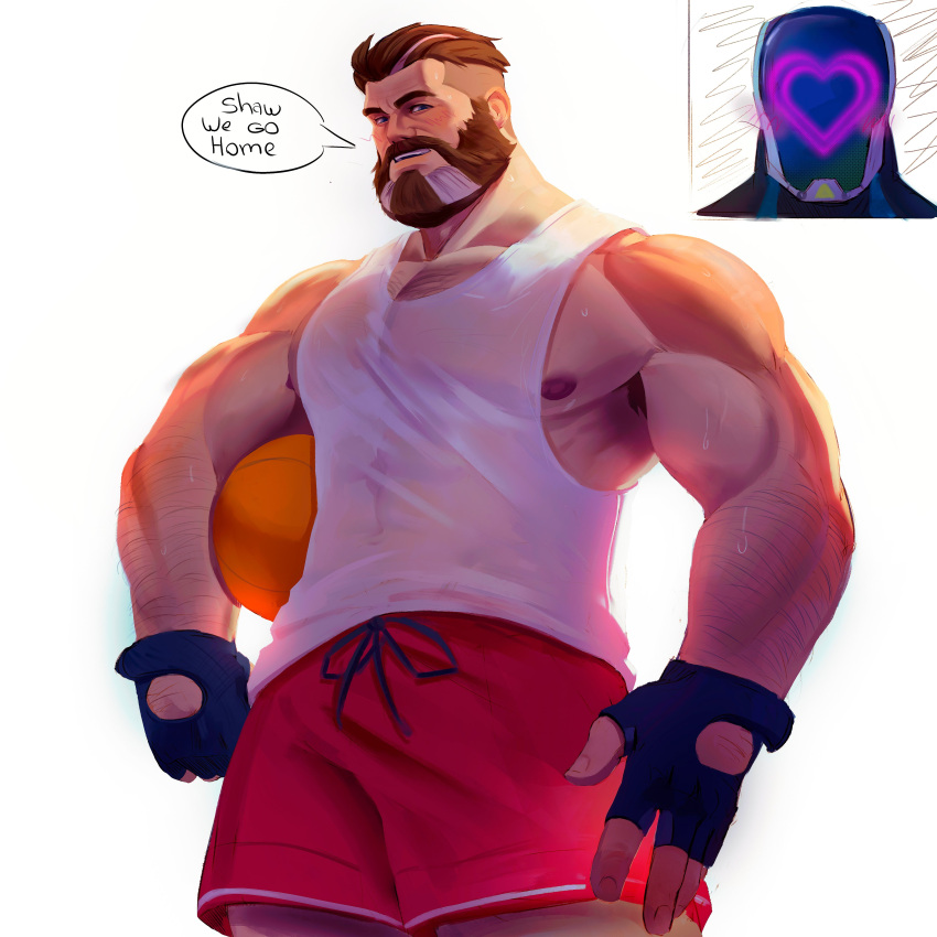 2boys absurdres alternate_costume android ball bara basketball_(object) beard biceps blush brimstone_(valorant) brown_hair english_text facial_hair fingerless_gloves from_below gloves hair_slicked_back heart highres kay/o_(valorant) large_hands large_pectorals male_focus mature_male moustache multiple_boys muscular muscular_male nipple_slip nipples pectoral_cleavage pectorals plookys red_shorts see-through short_hair shorts sidepec smile solo_focus sweat tank_top thick_eyebrows two-tone_beard valorant white_tank_top yaoi