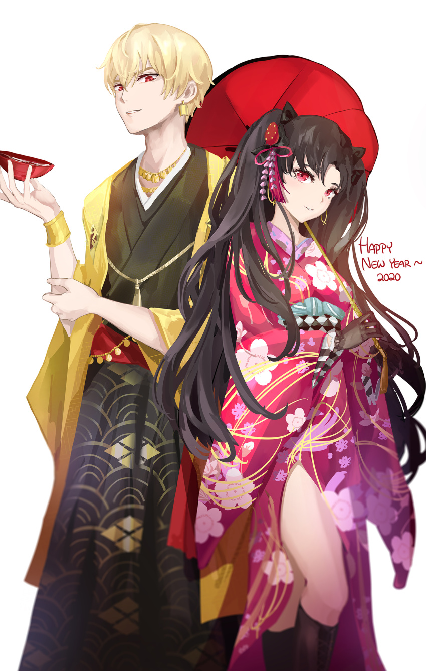 1boy 2020 black_gloves black_hair blonde_hair bow bracer earrings english_text fate/grand_order fate_(series) female gilgamesh_(fate) gilgamesh_(formal_dress)_(fate) gloves hair_ornament hair_ribbon hairbow happy_new_year highres ishtar_(fate) ishtar_(formal_dress)_(fate) japanese_clothes jewelry kimono lielac long_hair looking_at_viewer new_year official_alternate_costume oil-paper_umbrella photoshop_(medium) red_eyes ribbon smile umbrella white_background