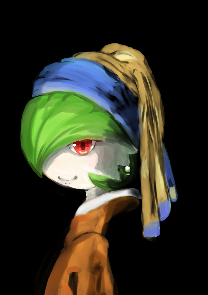 2023 absurd_res black_background clothing female fine_art_parody gardevoir generation_3_pokemon girl_with_a_pearl_earring green_hair hair hair_over_eye hi_res humanoid inspired_by_formal_art looking_at_viewer nintendo not_furry ohutuntumuri one_eye_obstructed pearl_ear_ring pokemon pokemon_(species) red_eyes simple_background smile smiling_at_viewer solo