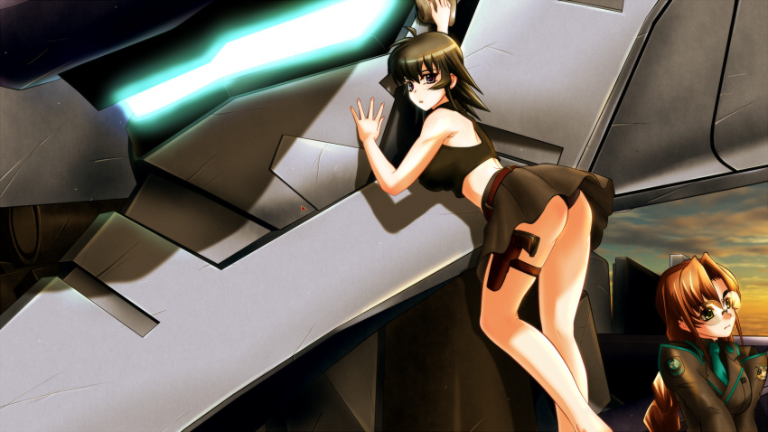 2girls :o against_mecha ass assault_visor ayamine_kei black_panties black_shirt blue_necktie braid breasts brown_hair collared_shirt genya_(genya67) glasses grey_jacket gun hair_behind_ear handgun head_tilt highres holstered jacket juliet_sleeves large_breasts leaning leaning_forward long_sleeves looking_up mecha medium_hair military military_uniform multiple_girls muv-luv muv-luv_alternative necktie panties parted_bangs puffy_sleeves purple_eyes robot round_eyewear sakaki_chizuru shirt sky tactical_surface_fighter thigh_strap twin_braids type_94_shiranui underwear uniform weapon