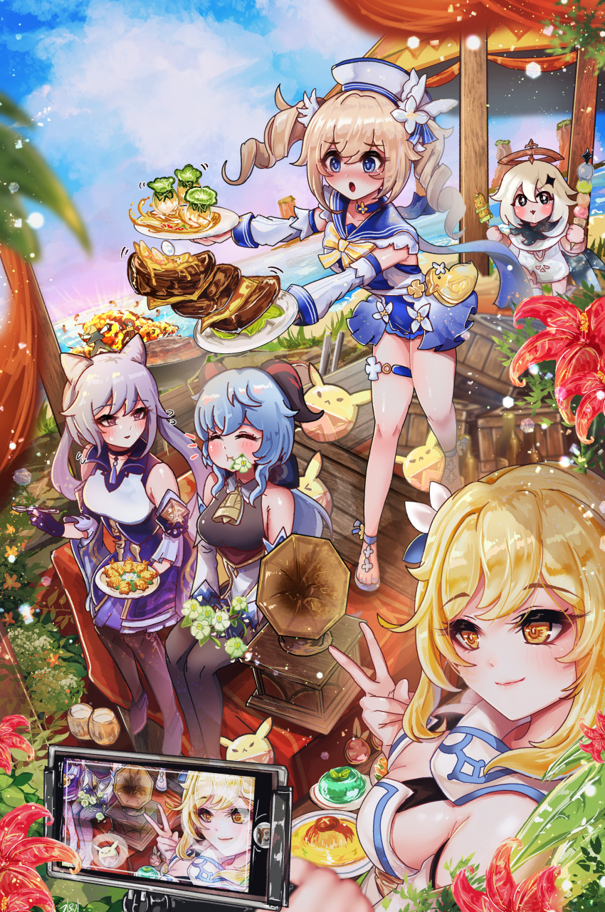 absurdres barbara_(genshin_impact) beach bell black_pantyhose blonde_hair blue_hair blush breasts cellphone closed_eyes detached_sleeves dodoco_(genshin_impact) drooling flower flying_sweatdrops food ganyu_(genshin_impact) genshin_impact gloves gmg highres holding holding_food horns jean_(genshin_impact) keqing_(genshin_impact) klee_(genshin_impact) long_hair looking_at_another looking_to_the_side lumine_(genshin_impact) medium_breasts multiple_girls ocean open_mouth outdoors paimon_(genshin_impact) pantyhose phone purple_hair red_flower selfie smile tray v white_hair