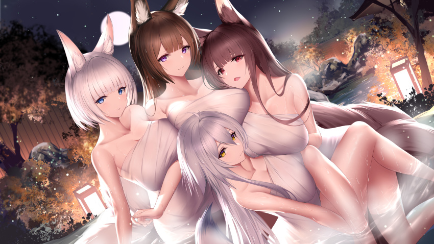 4girls akagi_(azur_lane) amagi_(azur_lane) an_yasuri animal_ear_fluff animal_ears anniversary antenna_hair azur_lane blue_eyes breasts brown_hair cleavage collarbone commentary dutch_angle floppy_ears fox_ears fox_tail highres kaga_(azur_lane) lamp large_breasts multiple_girls multiple_tails naked_towel night official_art onsen open_mouth outdoors purple_eyes red_eyes silver_hair smile star_(sky) steam tail tosa_(azur_lane) towel tree water wet yellow_eyes