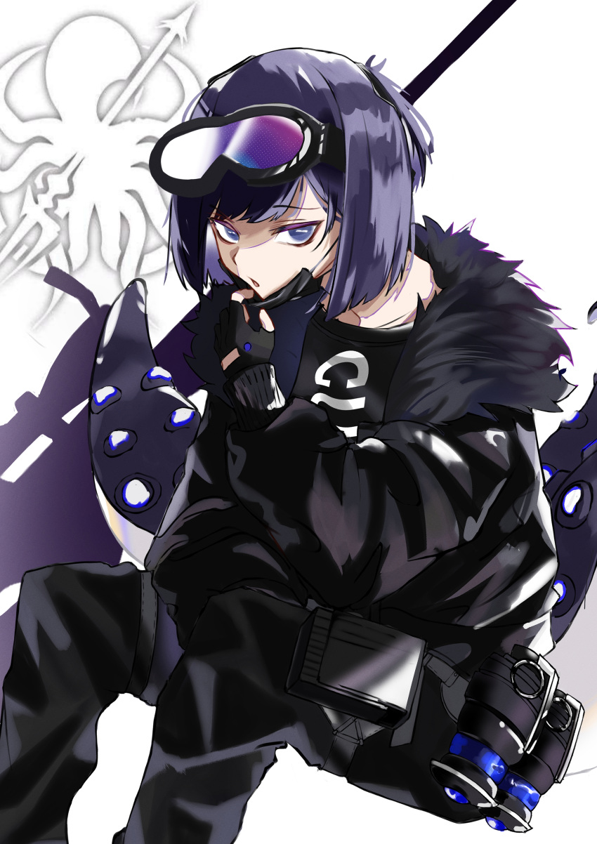 :o absurdres abyssal_hunters_logo andreana_(arknights) arknights bad_id bad_pixiv_id black_jacket black_pants black_shirt blunt_bangs commentary_request feet_out_of_frame female from_behind fur-trimmed_jacket fur_trim goggles goggles_on_head gun highres holding holding_mask jacket lefty-hand long_sleeves looking_at_viewer mask mask_pull mouth_mask open_clothes open_jacket pants partial_commentary purple_eyes purple_hair rifle shirt short_hair sniper_rifle solo tentacle weapon white_background