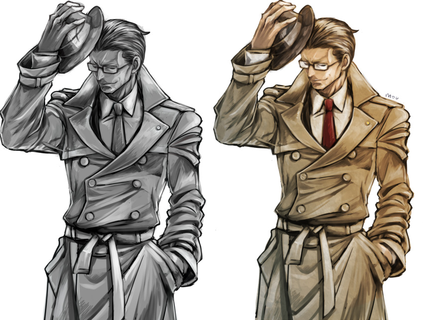 1boy ace_attorney_investigations artist_name brown_coat brown_hair brown_headwear coat glasses gregory_edgeworth gyakuten_saiban hand_in_pocket hat highres long_sleeves male_focus mov necktie red_necktie simple_background unworn_hat unworn_headwear white_background