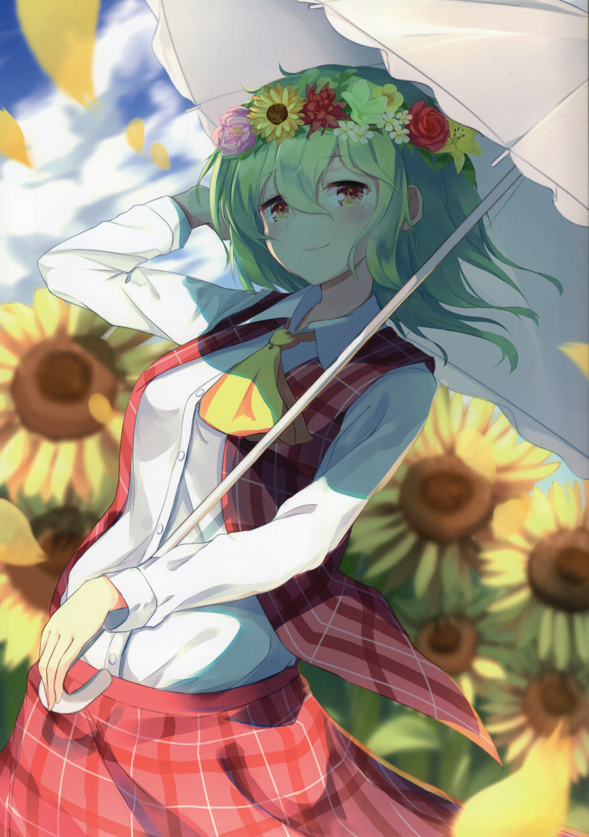 absurdres ascot blue_sky blurry blurry_background blush breasts cloud collared_shirt cowboy_shot day female flower flower_wreath garden_of_the_sun green_hair hair_between_eyes hand_in_own_hair head_wreath highres holding holding_umbrella igayan kazami_yuuka light long_sleeves looking_at_viewer medium_breasts open_clothes open_vest parasol petals plaid plaid_skirt plaid_vest red_eyes red_skirt red_vest scan shirt short_hair skirt skirt_set sky slit_pupils smile solo sunflower touhou umbrella vest wind wreath