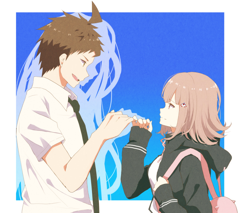 1boy ahoge animal_bag backpack bag black_jacket black_shirt blue_background border breasts brown_hair cat_bag collared_shirt commentary danganronpa_(series) danganronpa_2:_goodbye_despair female flipped_hair galaga green_necktie hair_ornament hairclip hand_up height_difference hinata_hajime holding_strap hood hood_down hoodie jacket kamukura_izuru kuro_n314 long_sleeves looking_at_another medium_breasts medium_hair nanami_chiaki neck_ribbon necktie open_mouth pink_bag pink_ribbon pinky_swear ribbon shirt short_hair short_sleeves smile spoilers teeth two-tone_shirt upper_body upper_teeth_only white_border white_shirt