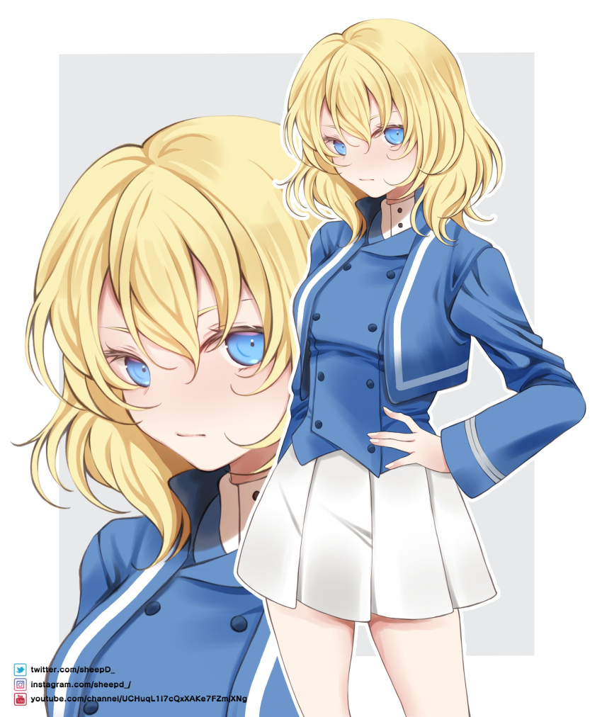 bc_freedom_military_uniform blonde_hair blue_eyes blue_jacket blue_vest closed_mouth commentary dress_shirt female girls_und_panzer grey_background hand_on_own_hip high_collar highres instagram_logo instagram_username jacket long_sleeves looking_at_viewer medium_hair messy_hair military military_uniform miniskirt oshida_(girls_und_panzer) outside_border pleated_skirt sheepd shirt skirt solo standing twitter_logo twitter_username uniform vest white_shirt white_skirt zoom_layer