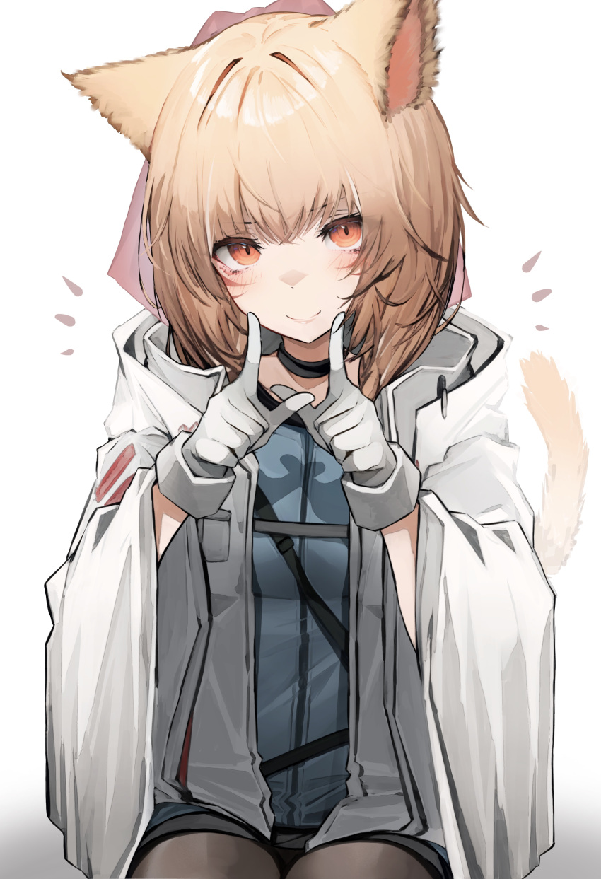 absurdres animal_ears arknights bad_id bad_pixiv_id black_choker black_pantyhose blonde_hair cat_ears cat_girl cat_tail choker closed_mouth coat commentary commission cosplay facial_mark female final_fantasy final_fantasy_xiv gloves gradient_background grey_background highres index_finger_raised looking_at_viewer miqo'te orange_eyes original pantyhose short_hair simple_background sitting skeb_commission smile solo sussurro_(arknights) sussurro_(arknights)_(cosplay) tab_head tail warrior_of_light_(ff14) whisker_markings white_background white_coat white_gloves