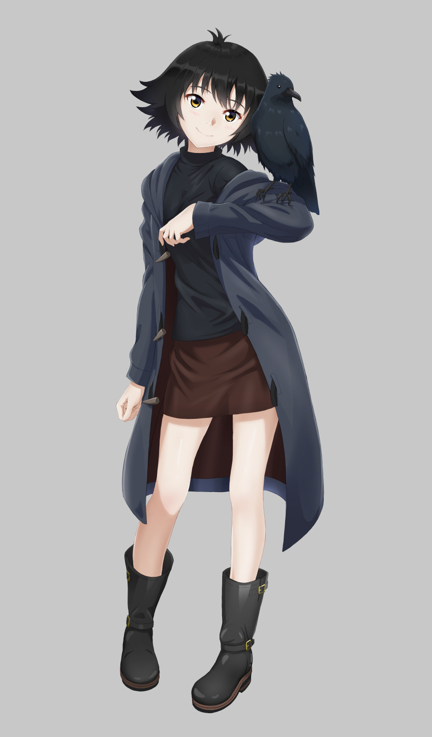 absurdres animal_on_arm bird bird_on_arm black_footwear black_hair black_shirt boots brown_eyes brown_hair brown_skirt coat crow female full_body grey_background grey_coat hand_up highres kansuke_(yesterday_wo_utatte) long_sleeves looking_at_viewer nonaka_haru nonoa-cg shirt short_hair simple_background skirt smile solo standing yesterday_wo_utatte