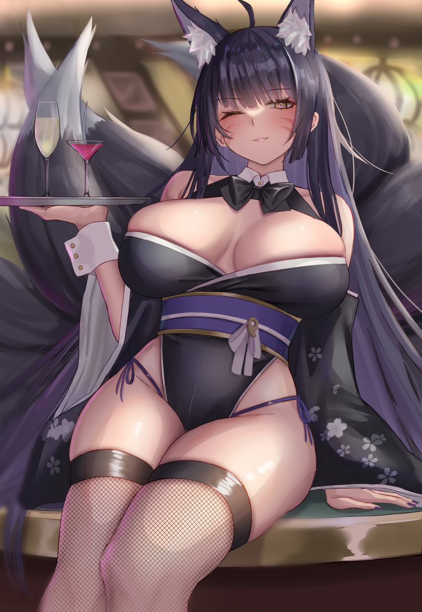 alternate_costume animal_ear_fluff animal_ears azur_lane bare_shoulders black_bow black_bowtie black_hair black_leotard black_thighhighs bow bowtie breasts cleavage commentary_request commission detached_collar drink facial_mark female fishnet_thighhighs fishnets floral_print fox_ears fox_girl fox_tail highleg highleg_leotard highres large_breasts leotard long_hair long_sleeves looking_at_viewer multiple_tails musashi_(azur_lane) nail_polish off_shoulder one_eye_closed parted_lips purple_nails satou_aji skeb_commission skindentation smile solo tail thighhighs thighs tray wide_sleeves wrist_cuffs yellow_eyes