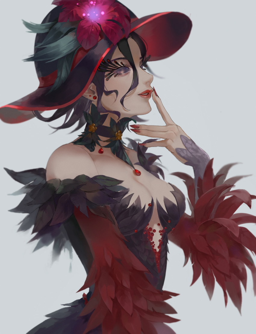 bad_id bad_pixiv_id bare_shoulders beads black_dress black_hair black_hat breasts choker cleavage dress earrings eyelashes feathers female finger_to_mouth fingerless_gloves flipped_hair flower from_side gem gloves glowing glowing_flower hair_between_eyes hand_up hat hat_flower highres hollow_eyes identity_v jewelry lipstick looking_away makeup mary_(identity_v) mary_(last_dance)_(identity_v) medium_breasts nail_polish off-shoulder_dress off_shoulder parted_lips picture_hat puumo_(pumomo-climax) red_dress red_flower red_hat short_hair simple_background smile solid_eyes solo stud_earrings two-tone_dress upper_body wavy_hair