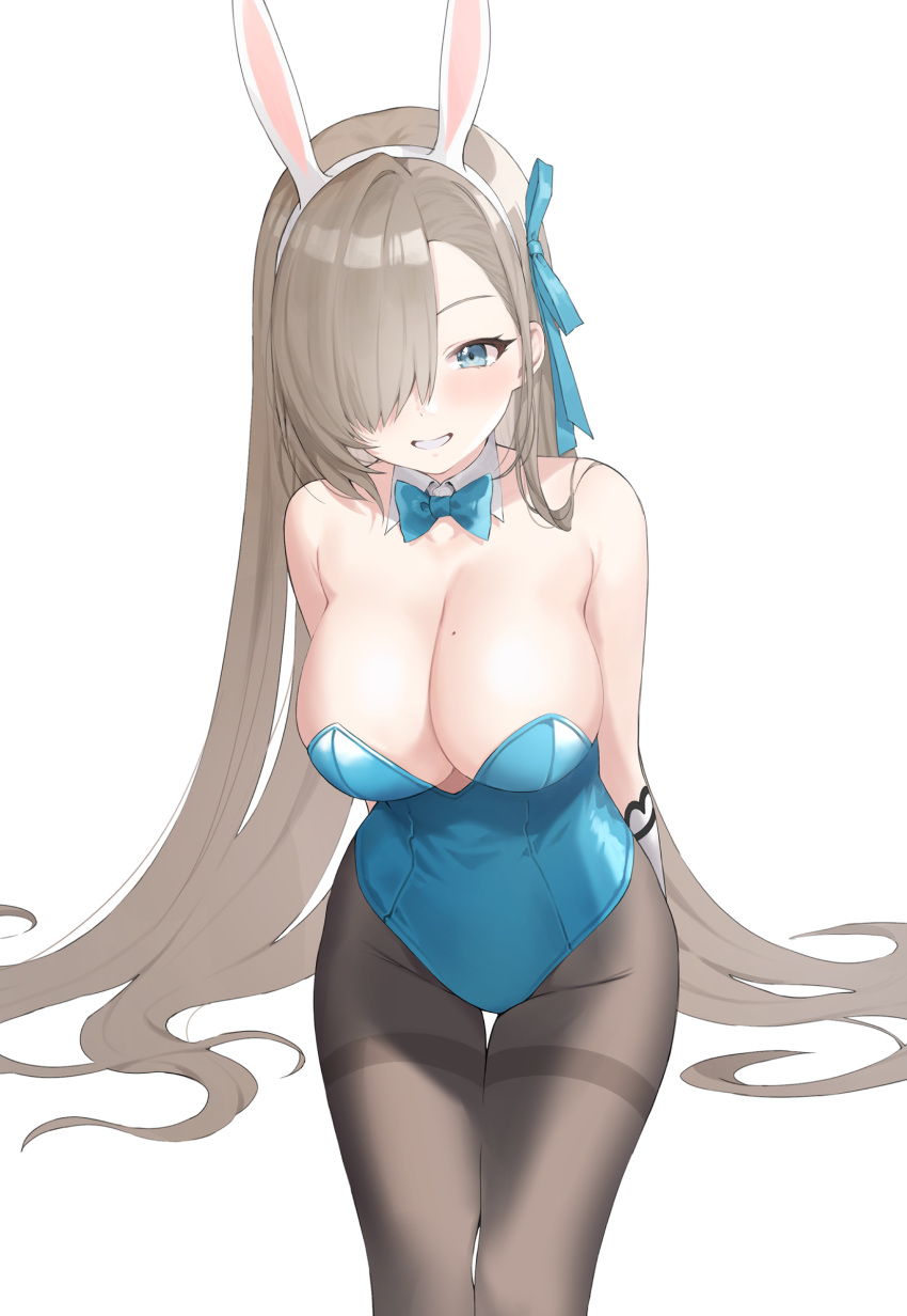 animal_ears asuna_(blue_archive) asuna_(bunny)_(blue_archive) bad_id bad_pixiv_id blue_archive blue_bow blue_bowtie blue_leotard bow bowtie breasts brown_pantyhose chungu detached_collar fake_animal_ears female gloves hair_over_one_eye highleg highleg_leotard highres leotard light_brown_hair mole mole_on_breast official_alternate_costume pantyhose playboy_bunny rabbit_ears solo strapless strapless_leotard thighband_pantyhose traditional_bowtie white_gloves