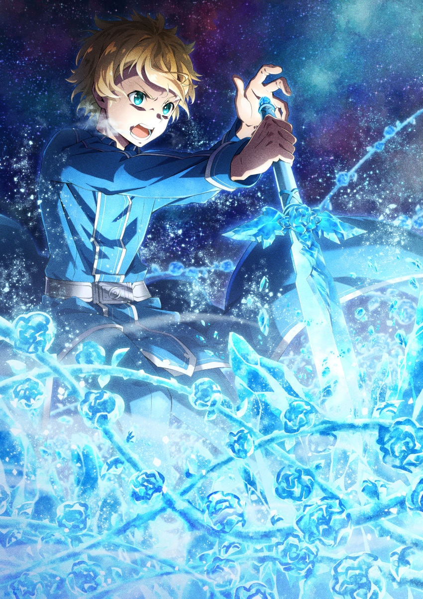 1boy absurdres belt blonde_hair blue_flower blue_jacket blue_pants blue_rose blue_rose_sword cryokinesis crystal eugeo flower glowing glowing_sword glowing_weapon green_eyes highres holding holding_sword holding_weapon ice ice_crystal jacket long_sleeves male_focus oboro_neko open_mouth pants rose school_uniform short_hair sky solo star_(sky) starry_sky sword sword_art_online sword_art_online:_alicization sword_mastery_academy_school_uniform weapon