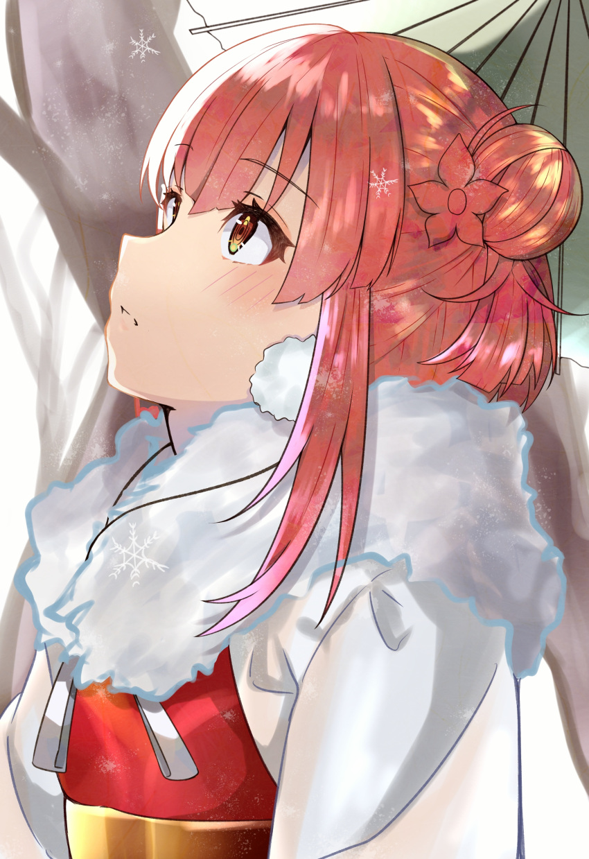 absurdres azur_lane birmingham_(azur_lane) birmingham_(fruitful_snow_of_an_auspicious_year)_(azur_lane) dango double_bun female food fur_trim hair_bun highres japanese_clothes kimono long_hair official_alternate_costume oil-paper_umbrella orange_eyes pink_hair sakuramochi_(kasute_ra) sash snowflakes solo umbrella wagashi yellow_sash