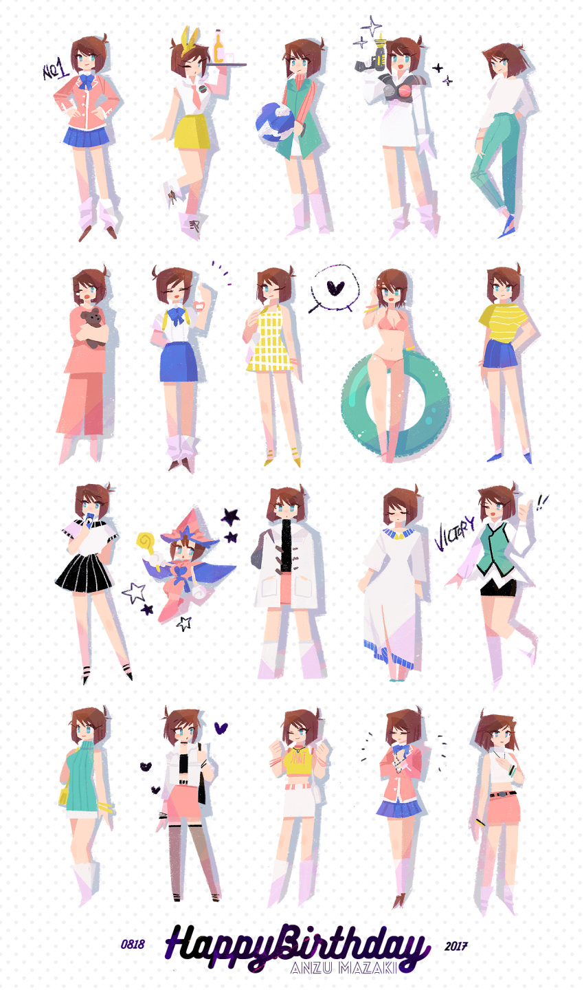 ! !! :/ alternate_costume animal_ears aqua_vest bag barefoot belt bikini black_shirt black_skirt blue_bow blue_bowtie blue_eyes blue_footwear blue_skirt blue_sweater boots bow bowtie bracelet breasts brown_footwear brown_hair cleavage closed_eyes closed_mouth coat commentary cowlick crop_top denim dotted_background dress fake_animal_ears female full_body globe grey_legwear hairband hand_in_pocket hand_on_own_hip hand_up hands_on_own_hips happy_birthday hat heart highres holding innertube jacket jeans jewelry kneehighs laser leg_warmers long_sleeves looking_at_viewer marina_(mrn9) mazaki_anzu multiple_views necklace necktie one_eye_closed open_mouth pajamas pants pink_bikini pink_dress pink_footwear pink_jacket pink_necktie pink_pants pink_skirt pink_sweater pleated_skirt rabbit_ears school_uniform shirt short_hair short_sleeves shoulder_bag skirt sleeveless sleeveless_shirt sleeveless_sweater smile socks sparkle striped_clothes striped_shirt stuffed_animal stuffed_toy sweater swim_ring swimsuit teddy_bear thighhighs tray wand white_background white_coat white_dress white_jacket white_legwear white_shirt white_skirt witch_hat yellow_dress yellow_hairband yellow_skirt yu-gi-oh!