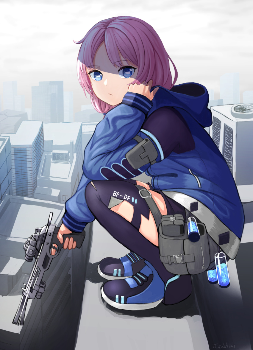 arknights blue_eyes blue_footwear blue_jacket blue_poison_(arknights) blue_poison_(elite_ii)_(arknights) building commentary female from_side gun hand_up handgun highres holding holding_gun holding_weapon hood hood_down horizontal_pupils jacket junshiki long_sleeves looking_at_viewer outdoors pink_hair pouch shoes short_hair solo squatting weapon