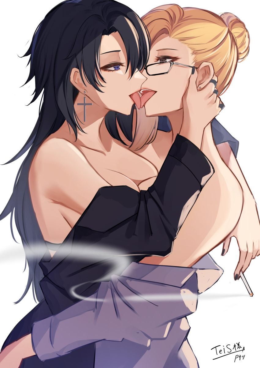 2girls absurdres bare_shoulders black_hair black_nails blonde_hair blue_eyes breasts cigarette cleavage commission cross cross_earrings earrings from_side glasses hair_bun highres jewelry kissing large_breasts long_sleeves looking_at_another multiple_girls nail_polish off_shoulder original pnatsu simple_background single_hair_bun skeb_commission tongue tongue_out white_background yuri