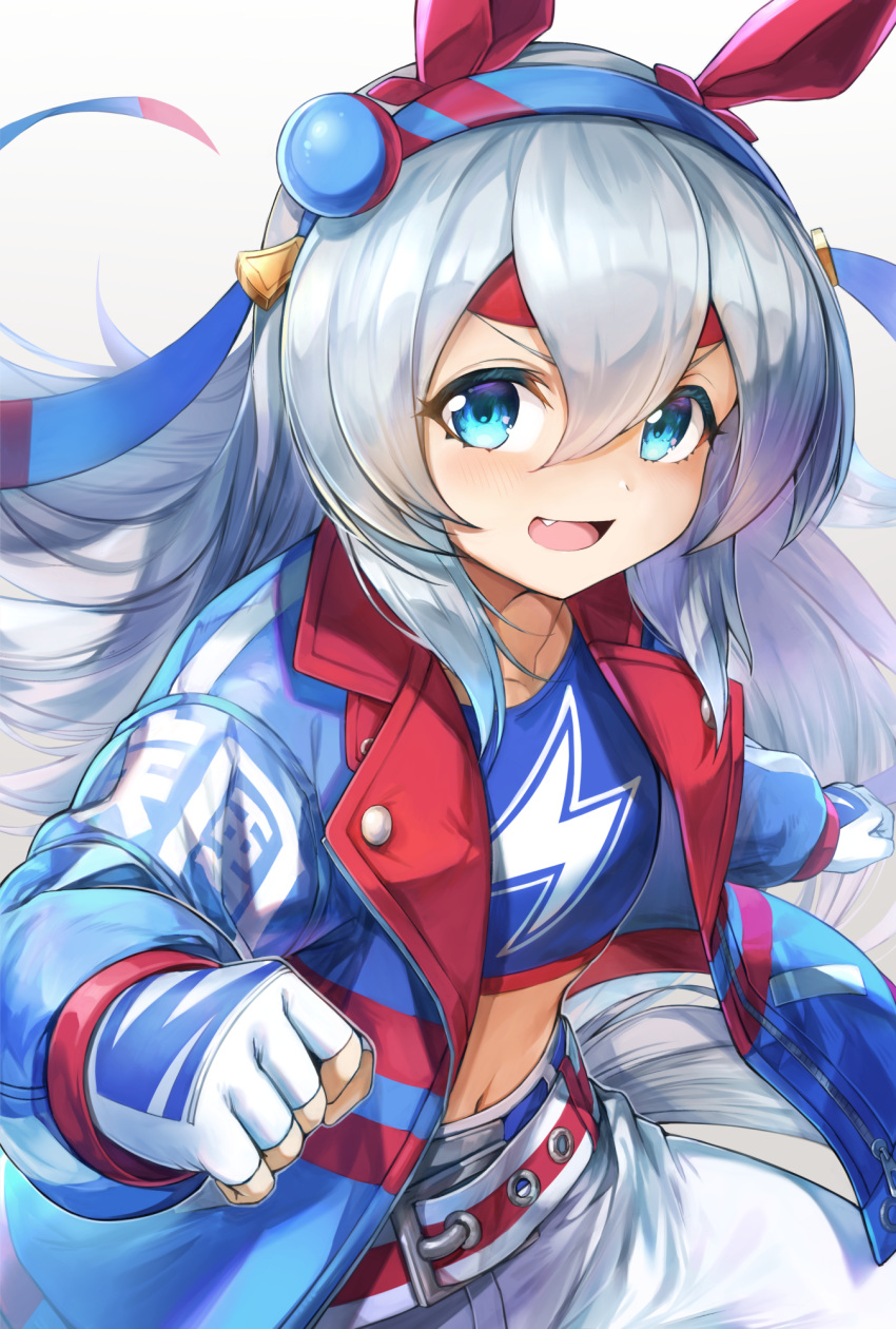 animal_ears blue_eyes blue_jacket clenched_hands commentary crop_top fangs female fingerless_gloves gloves grey_hair hair_between_eyes hairband headband highres horse_ears horse_girl horse_tail jacket lightning_bolt_symbol long_hair looking_at_viewer midriff navel nihudau open_clothes open_jacket open_mouth pants smile solo tail tamamo_cross_(umamusume) umamusume upper_body v-shaped_eyebrows white_gloves white_pants