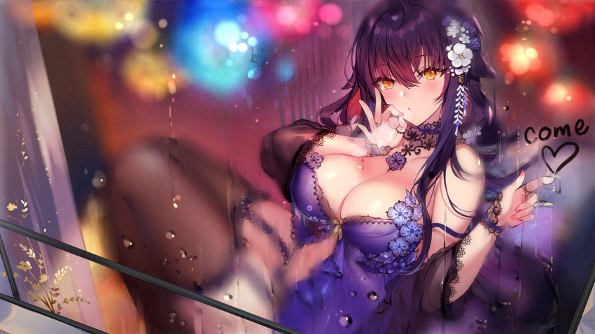 against_glass alternate_costume azuma_(azur_lane) azur_lane bare_shoulders black_hair black_thighhighs blush breasts brown_eyes chinese_commentary cleavage commentary fellatio_gesture female flower garter_straps glass glass_writing hair_between_eyes hair_flower hair_ornament hatoyama_itsuru heart large_breasts long_hair looking_at_viewer night rain sitting sleepwear solo thighhighs very_long_hair water_drop white_flower