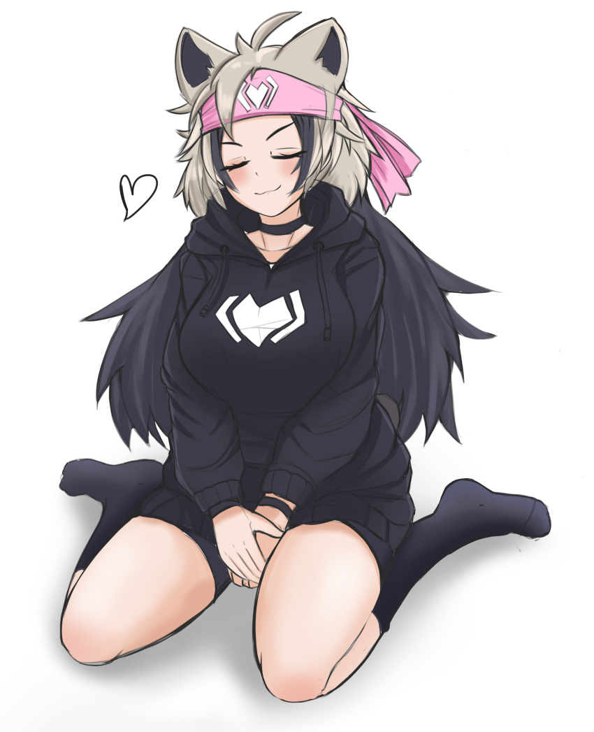 absurdres ahoge alternate_costume animal_ears bare_legs bear_ears bike_shorts bike_shorts_under_skirt black_hair breasts choker closed_eyes closed_mouth collarbone drawstring english_commentary ezo_brown_bear_(kemono_friends) female full_body grey_hair headband heart highres hood hood_down hoodie kemono_friends large_breasts light_blush long_hair long_sleeves microskirt multicolored_hair nanoder no_shoes own_hands_together skirt smile socks solo taut_clothes two-tone_hair v_arms very_long_hair