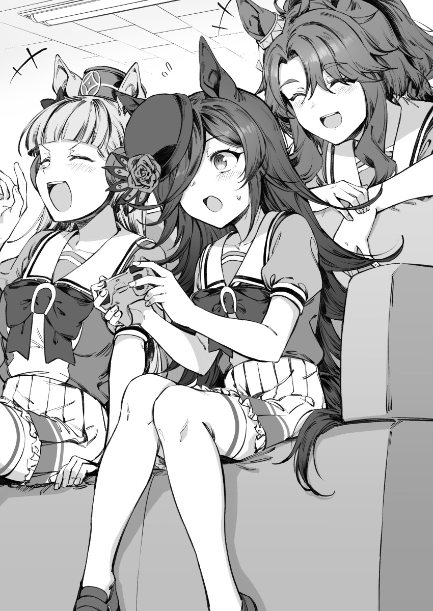 3girls absurdres animal_ears blush closed_eyes commentary_request controller flower game_controller gold_ship_(umamusume) greyscale hair_over_one_eye hat hat_flower highres holding holding_controller holding_game_controller horse_ears horse_girl horse_tail long_hair mejiro_palmer_(umamusume) monochrome multiple_girls nihudau open_mouth pakatube pillbox_hat pleated_skirt rice_shower_(umamusume) school_uniform short_sleeves sitting skirt smile tail thighhighs tilted_headwear tracen_school_uniform umamusume